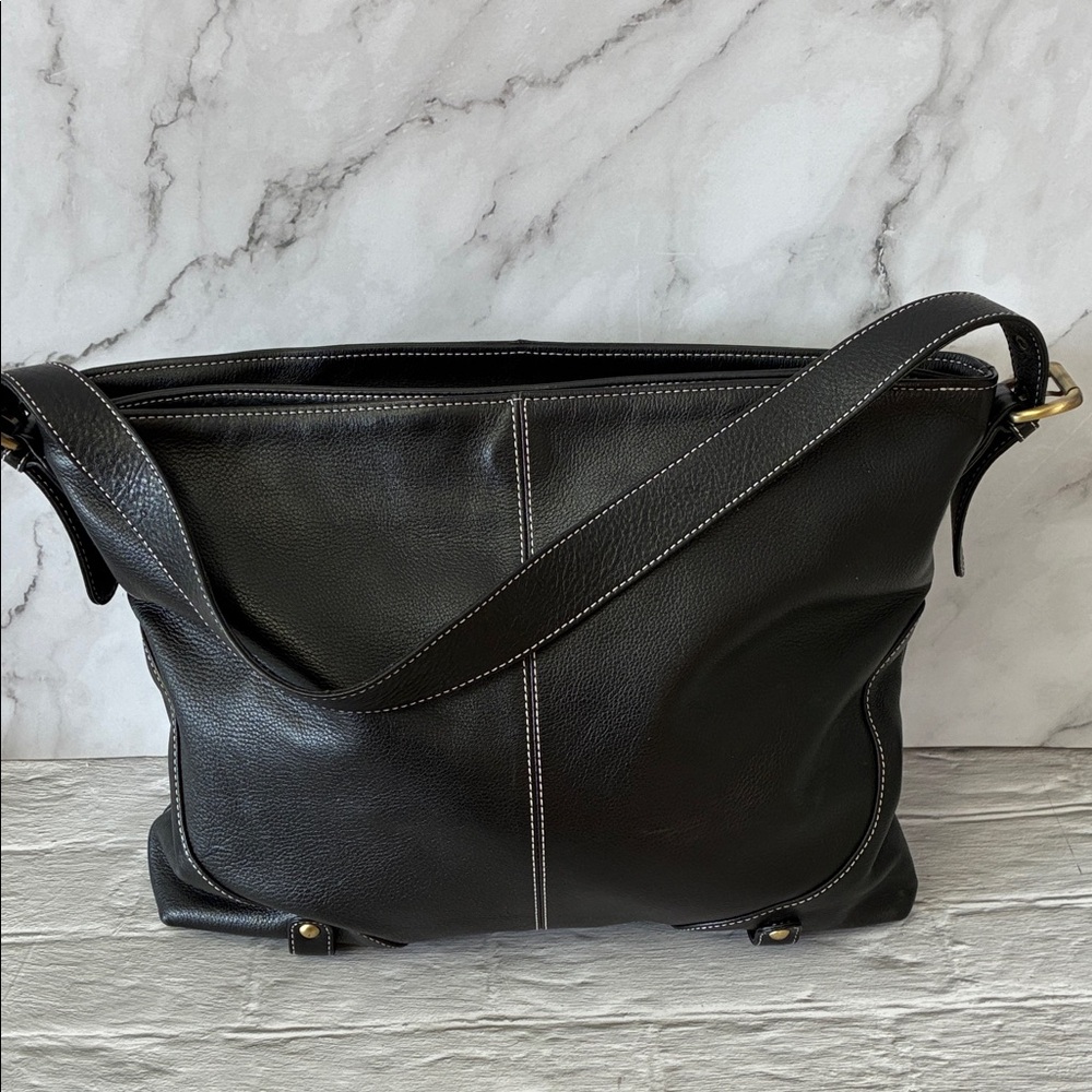 Soprano Black Pebble Leather Crossbody White Topstitching & Gold Tone Hardware